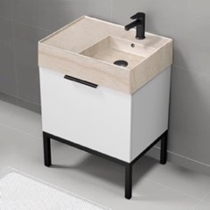 Modern Small Bathroom Vanity, 24 inch, Travertine Style Sink, Free Standing